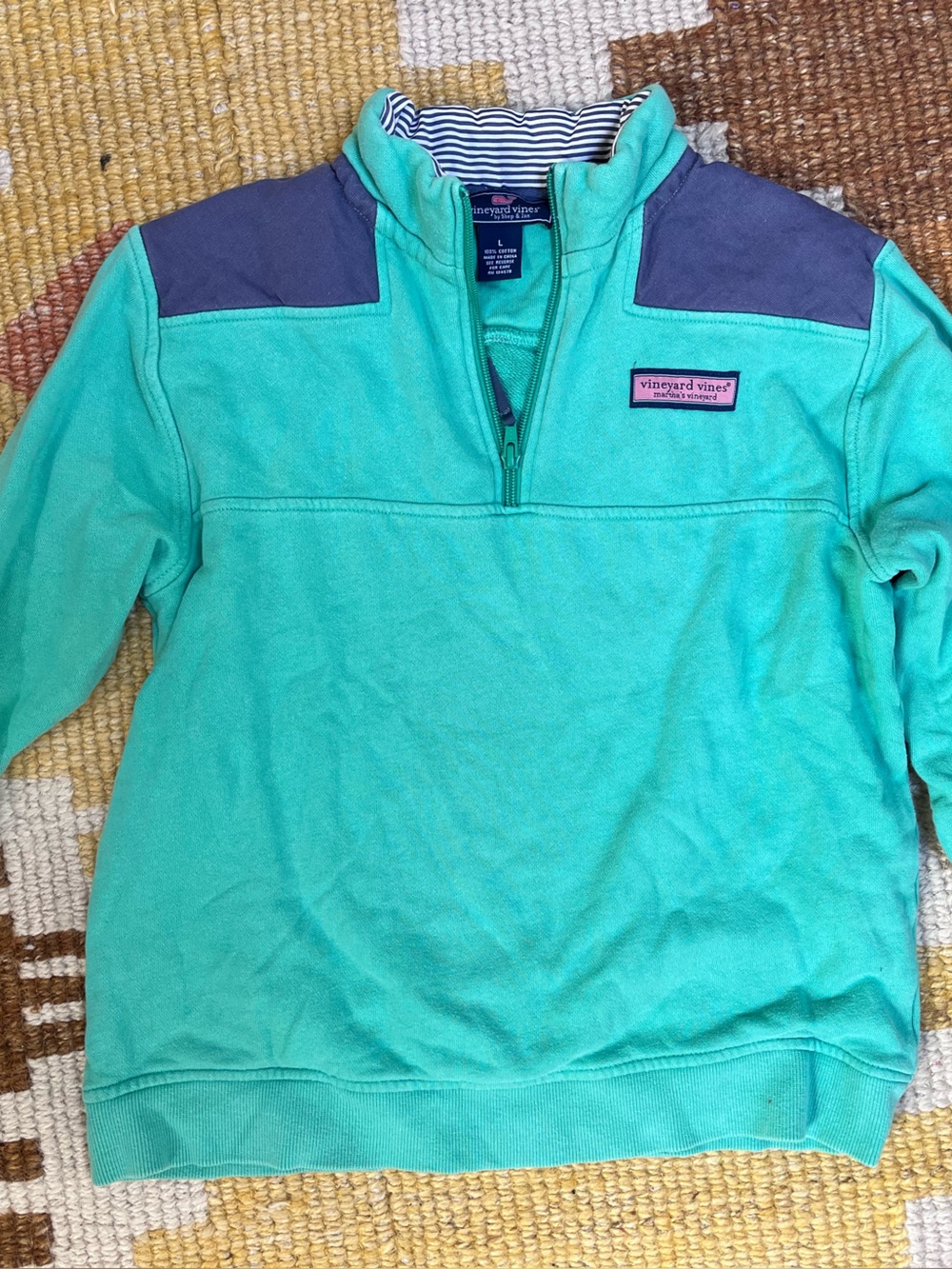 Vineyard Vines Mint Green Quarter-Zip Pullover with Navy Shoulders